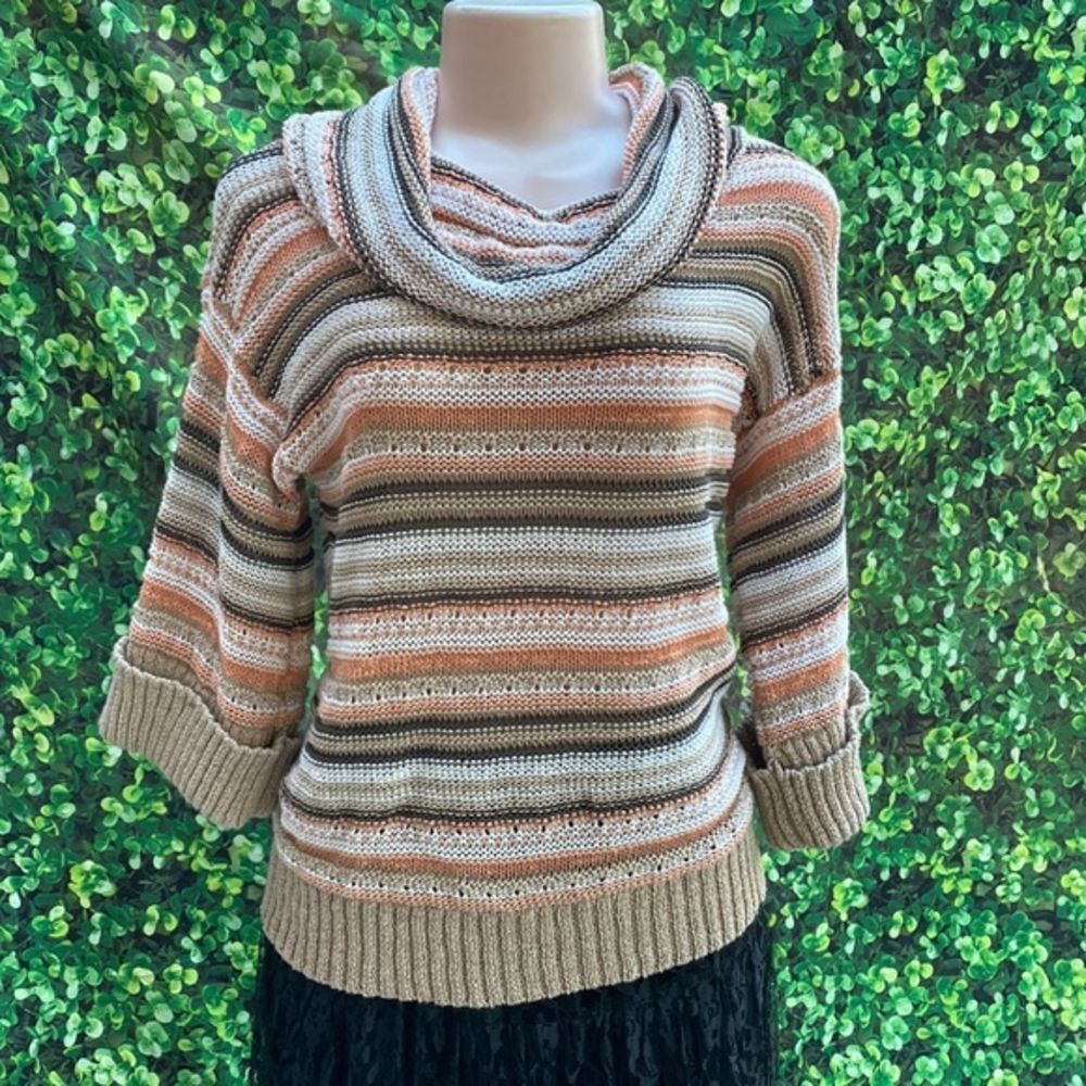 Calvin Klein Cowl Neck Sweater Neutral Earth Tone Striped Slouchy Cozy Size S